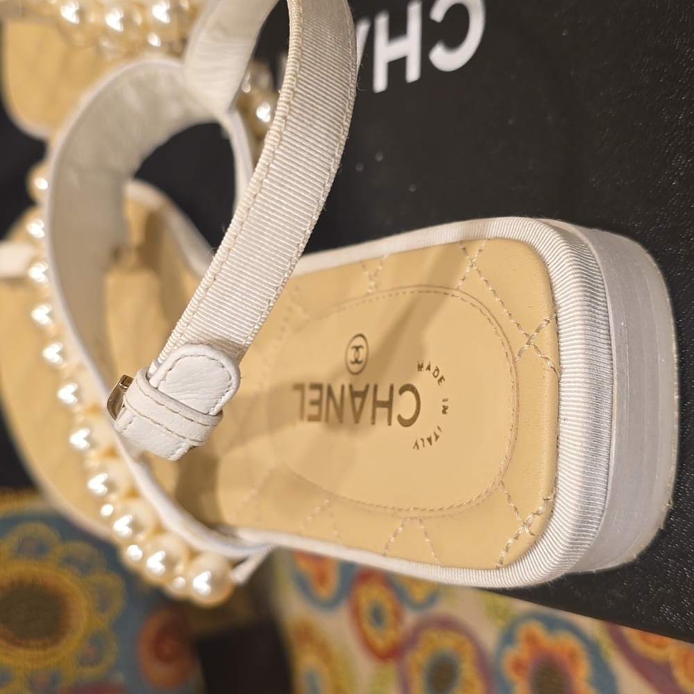 Chanel White and Gold Pearl Sandals - Picture 10 of 16